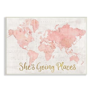 "She's Going Places Quote Pink Watercolor World Map" by Sue Schlabach Unframed Travel Wood Wall Art Print 10 in x 15 in