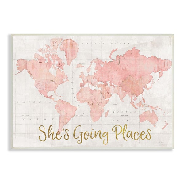 Stupell Industries "She's Going Places Quote Pink Watercolor World Map" by Sue Schlabach Unframed Travel Wood Wall Art Print 10 in x 15 in
