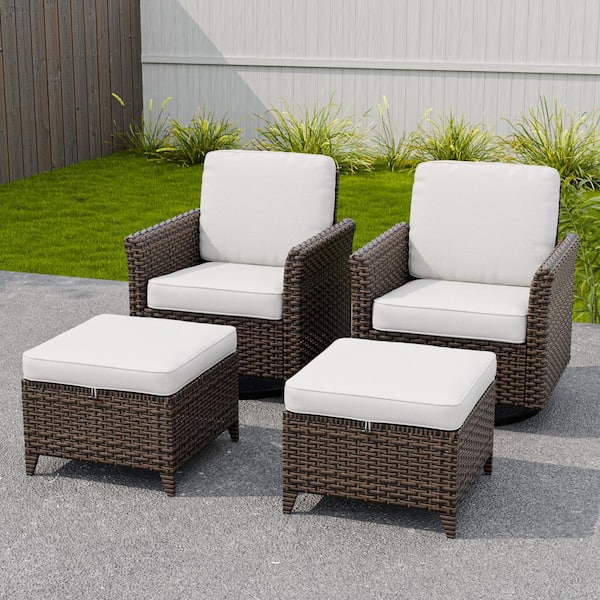 EAGLE PEAK 4-Piece Mix Brown Wicker Patio Conversation Set Wide Armrest Swivel Chair Set with Beige Cushions, Ottomans