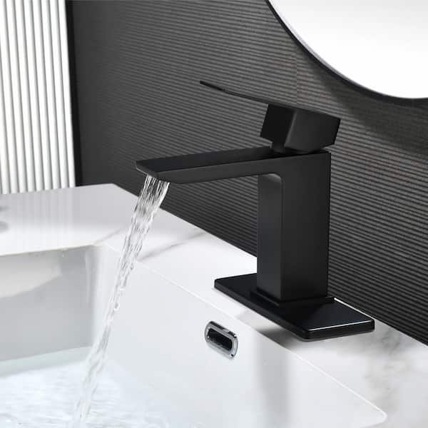 Single Handle Single Hole Bathroom Faucet with Deckplate&Drain Included, Square Bathroom Faucet in Matte Black