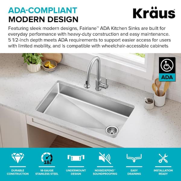 KRAUS Fairlane 33-inch Undermount Kitchen Sink – 18-Gauge Stainless Steel, Single Bowl, With Bottom Grid And Drain Assembly