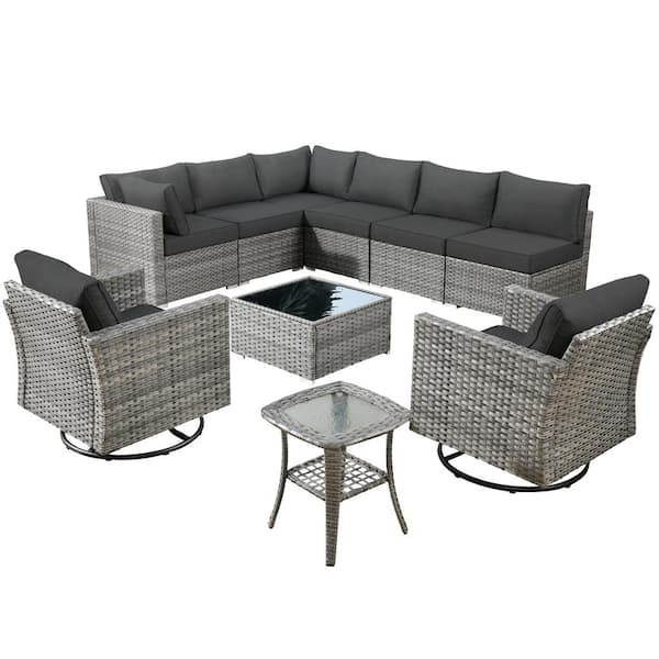 Daffodil G Gray 10-Piece Wicker Outdoor Patio Conversation Sectional Set with Swivel Rocking Chairs and Black Cushions
