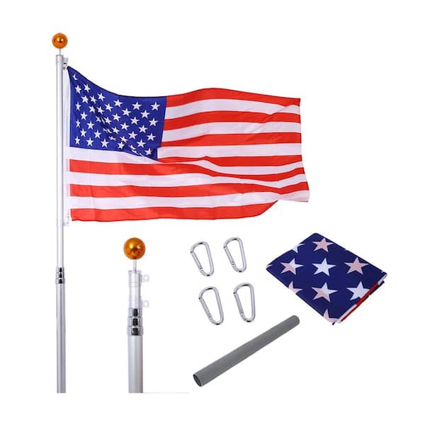 Misopily 16 ft. Telescopic Aluminum Flagpole Kit with 3 ft. x 5 ft. U.S Flag, Adjustable Height and 360° Rotating Clips, Silver
