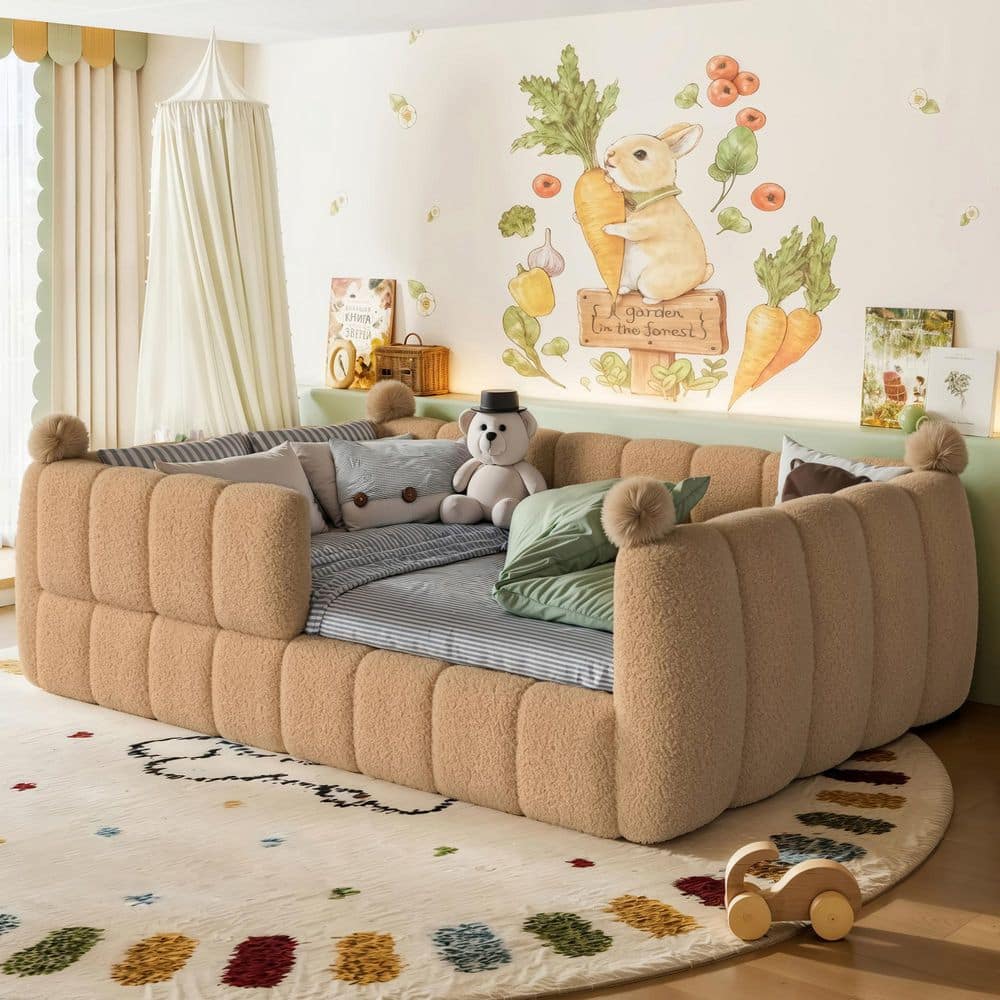 Natural Full Size Soft Teddy Upholstered Floor Bed with Full Surround Safety Rails, Modern Montessori Kids Bed
