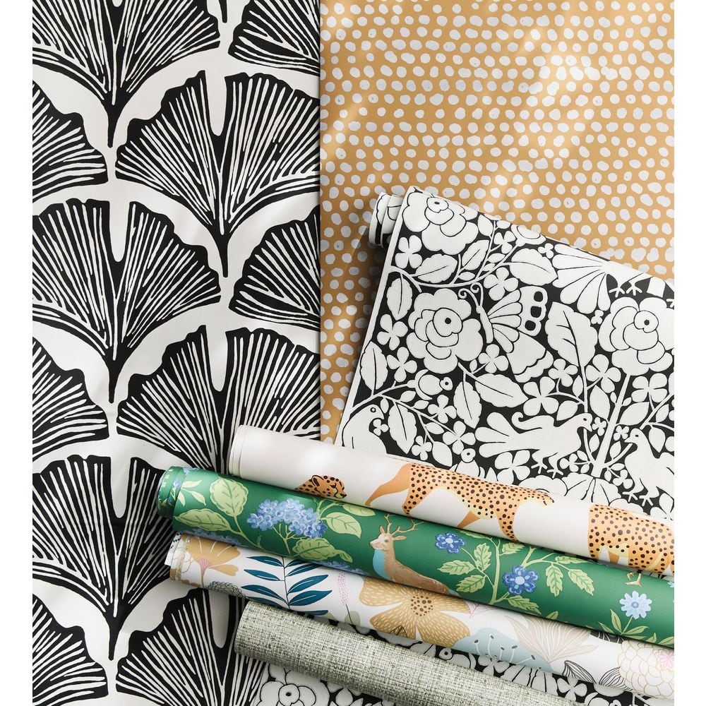 Black and White Feather Palm Peel and Stick Wallpaper Roll