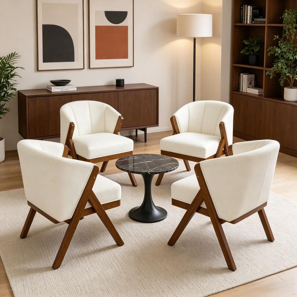 Beige Linen Upholstered Barrel Accent Arm Chair with Plush Cushion and Wood Frame for Living Room Bedroom (Set of 4)