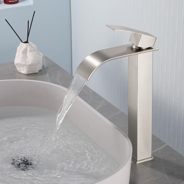 Waterfall Single Handle Vessel Sink Faucet with Pop-Up Drain, Tall Single Hole Bathroom Sink Faucet in Brushed Nickel