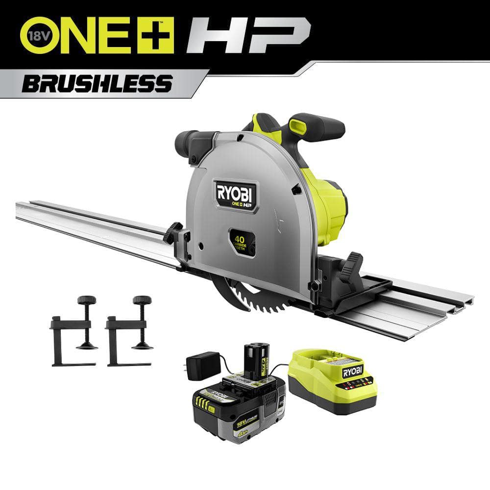 ONE+ HP 18V Brushless Cordless 6-1/2 in. Track Saw Kit w/ 4 Ah HP Battery, Charger, & Track Saw Material Clamp (2-Pk) -  RYOBI, PTS01KA73CL2