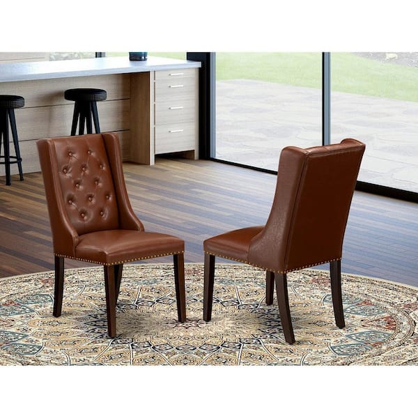 East West Furniture Mahogany, Parsons Dining Chairs - Brown Faux Leather Upholstered Chairs, Set Of 2