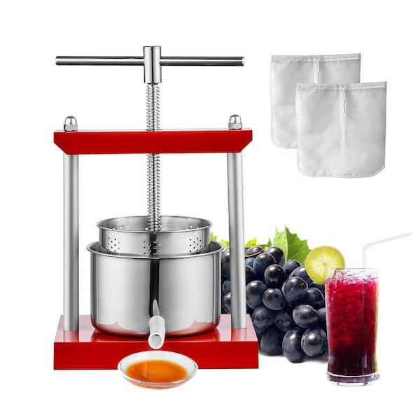 Fruit Wine Press is 1.6 gal. /6L with 2 barrels. Manual, for juice, cider, etc. Has T-handle, for outdoor, kitchen, home