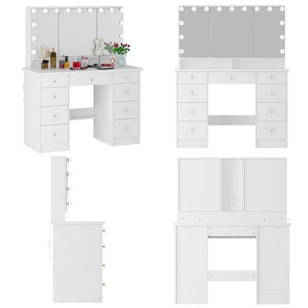 FUFU&GAGA White Modern Makeup Vanity Desk 9 Drawers Wood Dressing Table  With 3 Mirrors, Hidden Storage Shelves, LED Lighted KF210213-01 - The Home  Depot