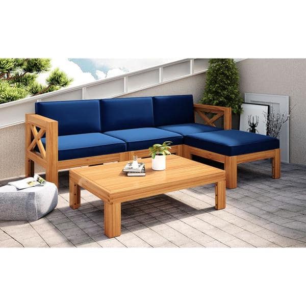 FORCLOVER 5 Piece Acacia Wood Outdoor Sectional Set with Blue