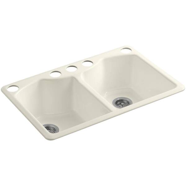 KOHLER Bellegrove Undermount Cast-Iron 33 in. 5-Hole Double Bowl Kitchen Sink with Accessories in Biscuit