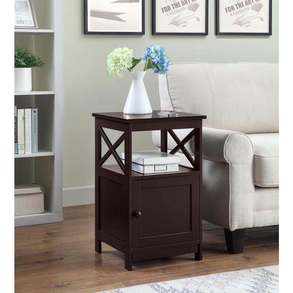 Espresso Modern Rectangular Wood End Table with Cabinet and Shelf