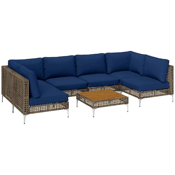 7-Piece Wicker Outdoor Sectional Set with Cushions, Rattan Furniture Conversation Set with Table, Brown/Dark Blue