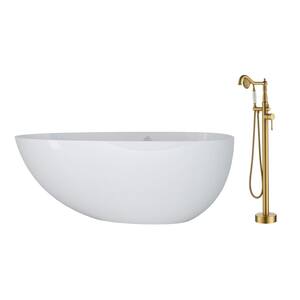 58 in. 29 in. Stone Resin Solid Surface Egg-shaped Soaking Bathtub in Glossy White with Standing Faucet in Brushed Brass