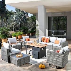 Sanibel Gray 10-Piece Wicker Patio Conversation Sofa Set with a Swivel Chair, a Storage Fire Pit and Light Gray Cushions