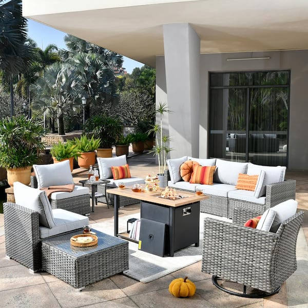 Toject Sanibel Gray 10-Piece Wicker Patio Conversation Sofa Set with a Swivel Chair, a Storage Fire Pit and Light Gray Cushions