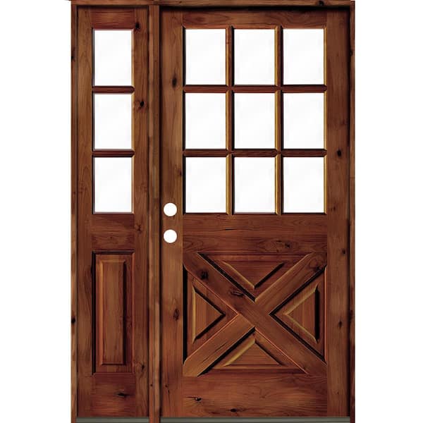 Krosswood Doors 46 in. x 80 in. Alder 2-Panel Right-Hand/Inswing Clear Glass Red Chestnut Stain Wood Prehung Front Door w/Left Sidelite
