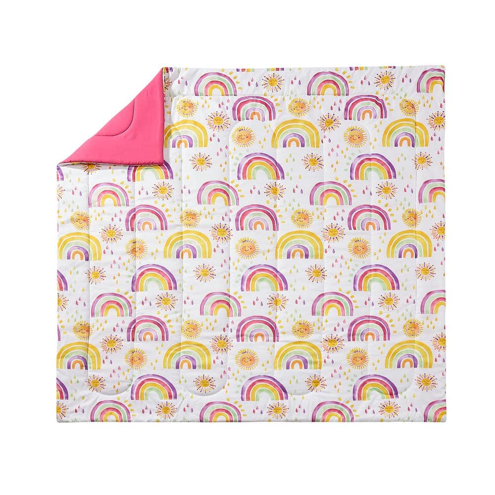 Full Pink Microfiber Reversible Comforter Set with Rainbows and Suns
