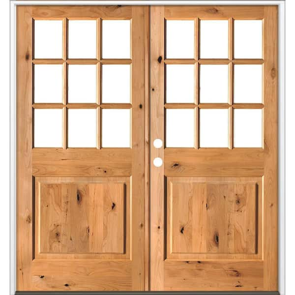 Krosswood Doors 72 in. x 80 in. Craftsman Knotty Alder 9-Lite Clear Glass clear stain Right Active Double Prehung Wood Front Door