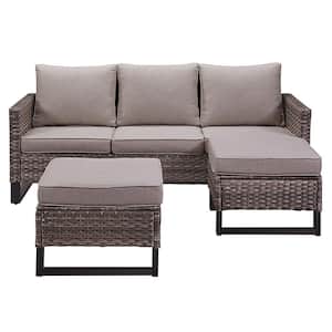 Gray 3-Piece U-shaped Foot Design Wicker Patio Sectional Set with Gray Cushions