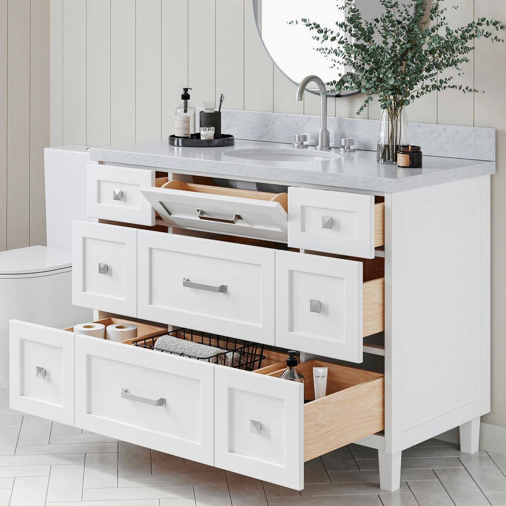 White Solid Wood Single Sink Bathroom Vanity with Marble Top