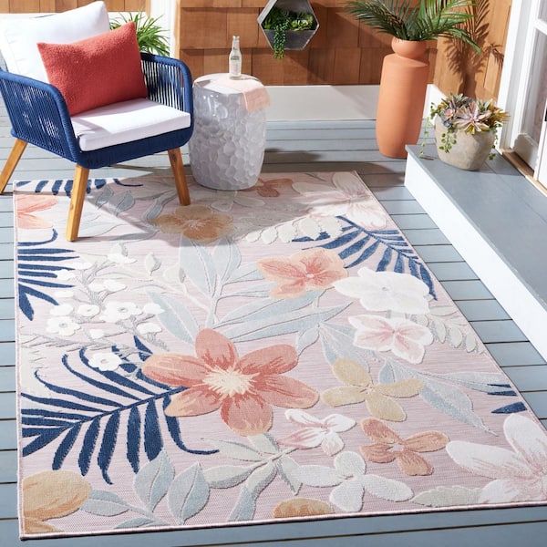 Cabana Pink/Gray 6 ft. x 10 ft. High-Low Floral Leaf Indoor/Outdoor Area Rug