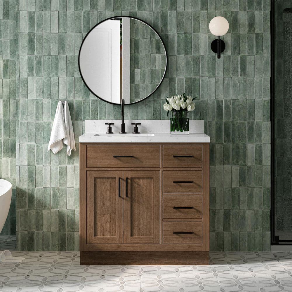 Hepburn 36 in. Single Sink Freestanding in Brown Oak Bath Vanity with Carrara White Quartz Top price history on PriceWatchPro