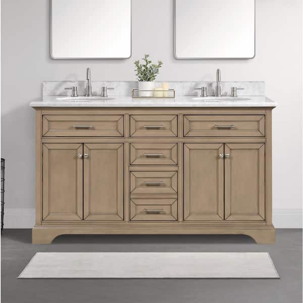 Windlowe 61 in. Double Sink Almond Taupe Bath Vanity with White Carrara Marble Top (Assembled)