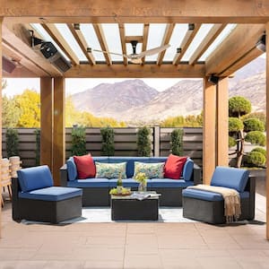 6-Piece Wicker Rattan Quick Assembly Patio Conversation Set Sectional Seating with Navy Cushions