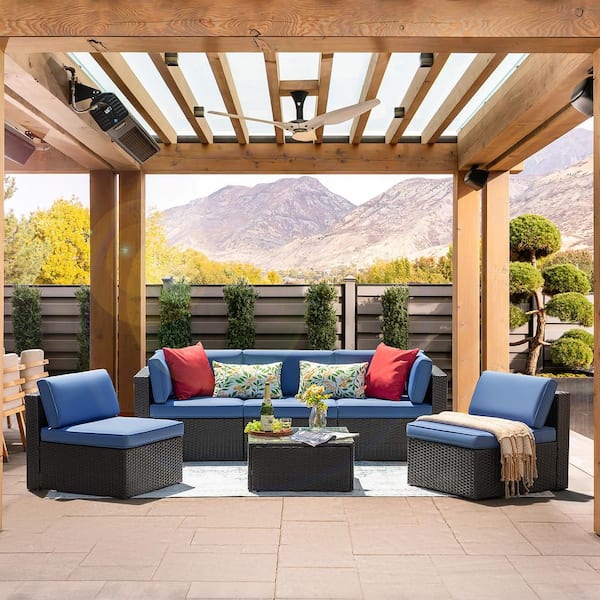 Foredawn 6-Piece Wicker Rattan Quick Assembly Patio Conversation Set Sectional Seating with Navy Cushions