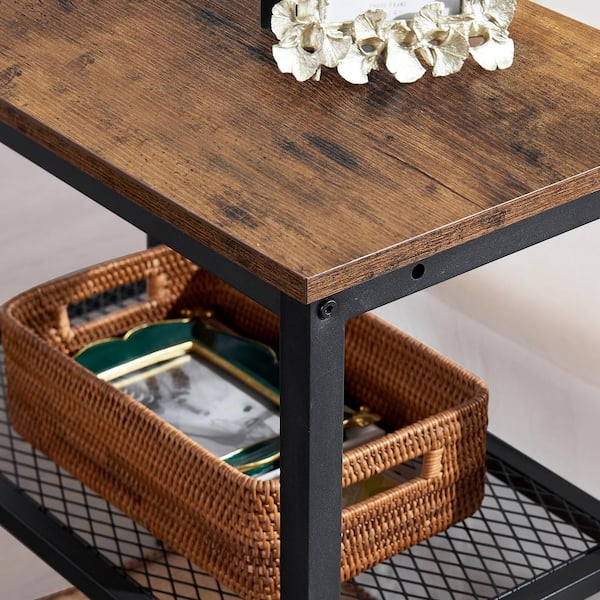 Industrial Brown Side Table with Cabinet outlets & Shelf, Multipurpose Cabinet with Open Shelf, Inner Adjustable Shelf, Iron Frame, Polaris Demand