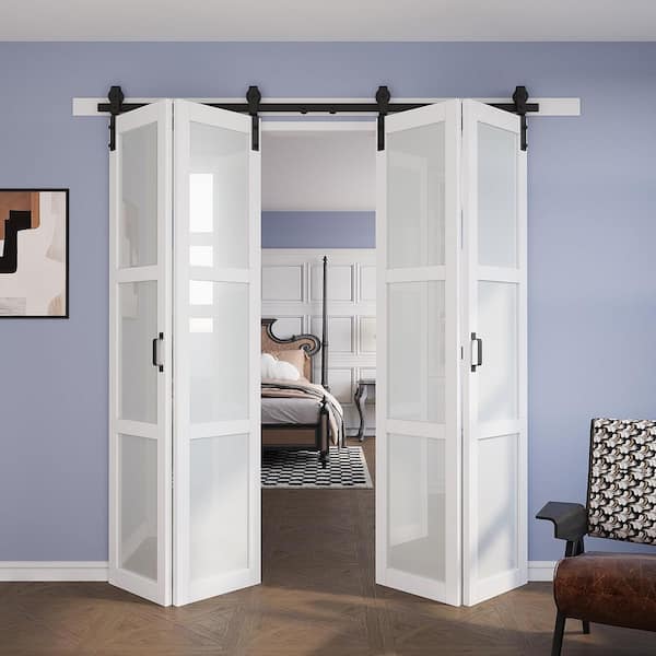 72 in. x 84 in. Assembled Bi-Fold 3 Lite Frosted Glass White Primed Solid Core MDF Sliding Barn Door with Hardware Kit