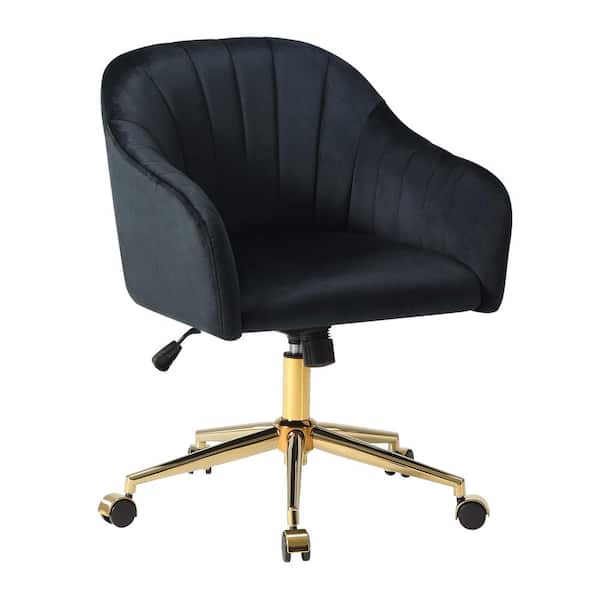 Farrah Velvet Upholstered Adjustable Height 360° Swivel Office Task Chair with Metallic Gold Base in Black