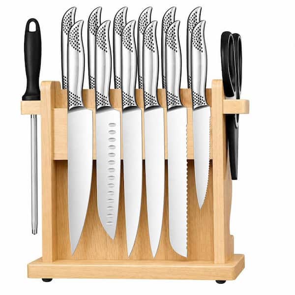 6-Piece High Carbon Stainless Steel Straight-Edge Kitchen Knife Set with Magnetic Wooden Holder, Full-Metal Handles