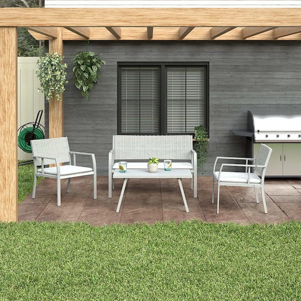 4-Piece Metal Patio Conversation Set Folding with Ligh Grey Cushions