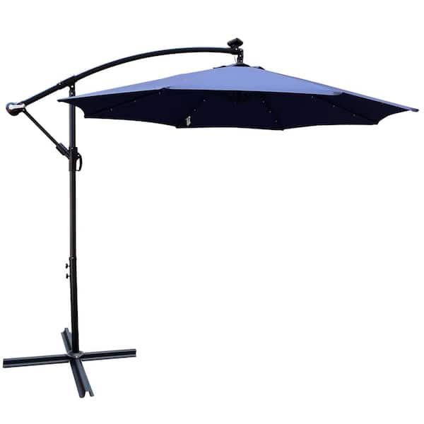 10 ft. Steel Cantilever Market Solar-Powered LED Patio Umbrella in Navy Blue with Crank Lift and Cross Base