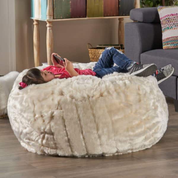 White Faux Fur Bean Bag Chair, Bean Bag Sofa, Round Bean Bag Seat, Modern Bean Bag Furniture