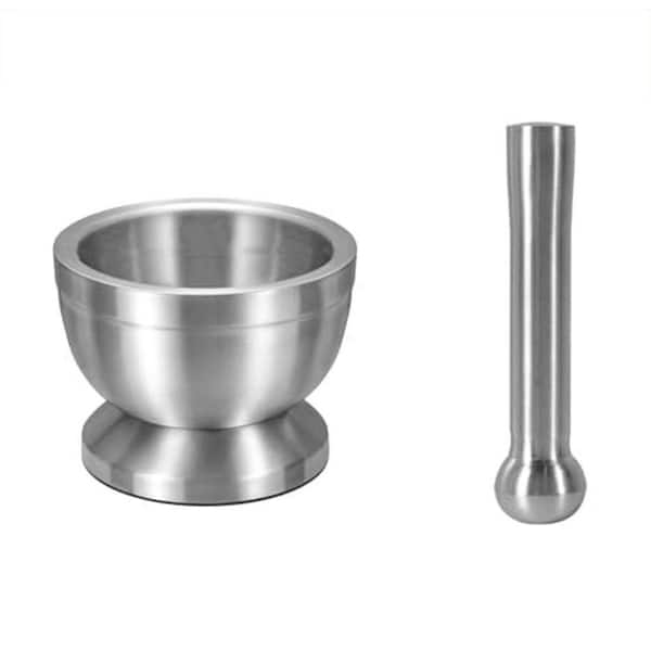 Stainless Steel Mortar and Pestle Silver Spice Grinder Pill Crusher with Lid Ergonomic Anti Slip Base Comfy Grip
