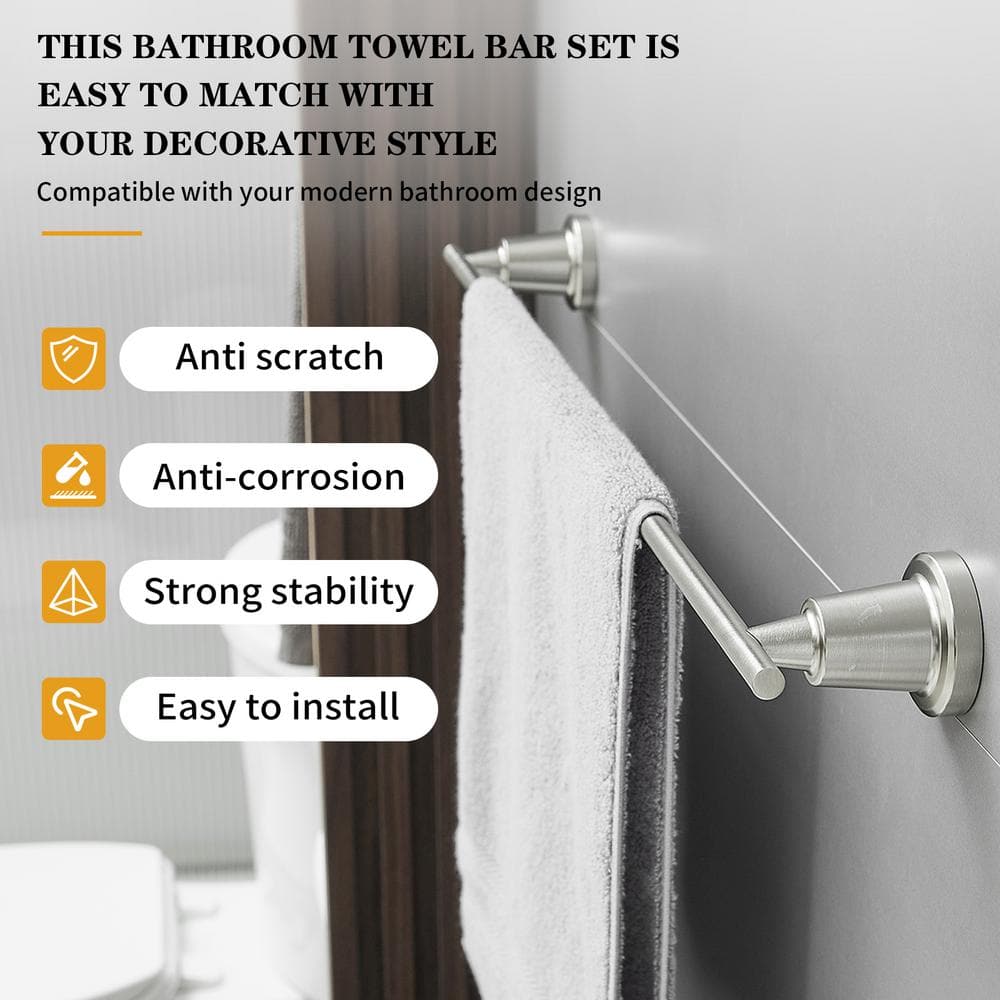 Brushed Nickel 4-Piece Bathroom Hardware Set with Towel Bar