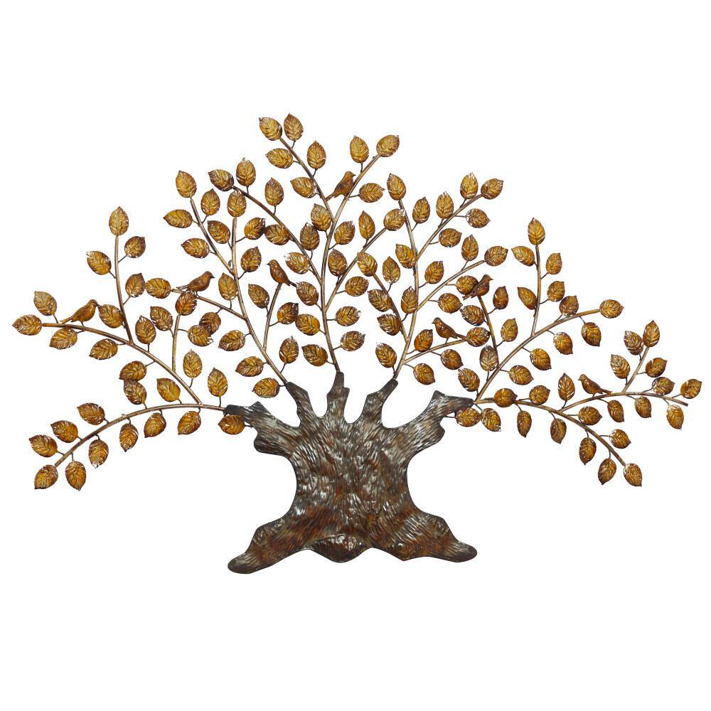 Large Brown and Gold Metal Tree Wall Sculpture with Leaves