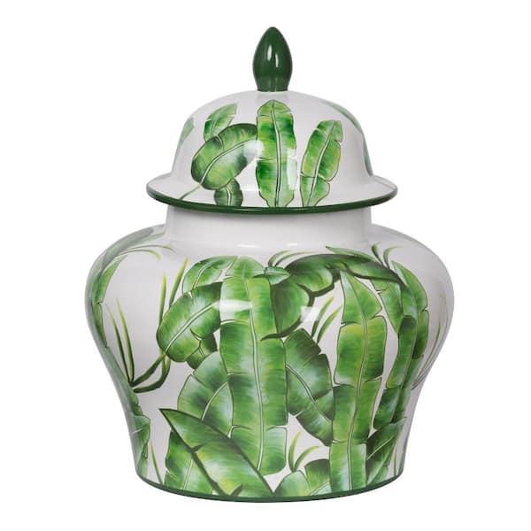 A & B Home Lovise Palm Green and White Wide Lidded Urn