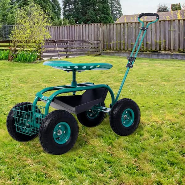 Garden Cart Rolling Work Seat Outdoor Gardening Planting Stool  W/Handles&basket