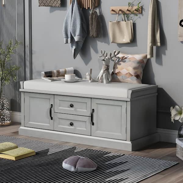Celestine 17.50 in. H x 42.50 in. W Gray Wash Wood Shoe Storage Bench with Cushion, Cabinets and Drawers