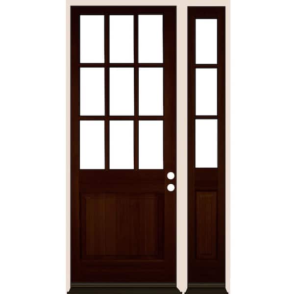 Krosswood Doors 50 in. x 96 in. Farmhouse 9-Lite Clear Glass Left-Hand Red Mahogany Stain Hemlock Wood Prehung Front Door w/ RSL