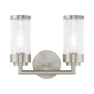 Cavanaugh 12.75 in. 2-Light Brushed Nickel Vanity Light with Clear Glass