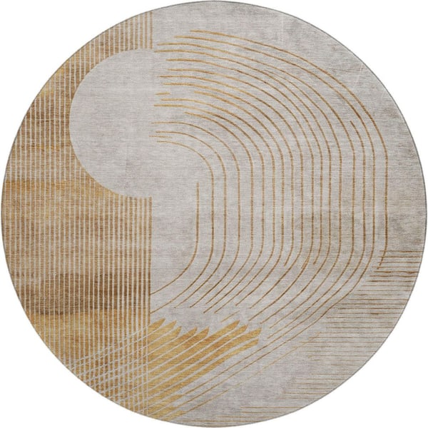 Mayfield Premium Machine Washable Abstract AMF2003 Gold 8 ft. x 8 ft. Round Rug