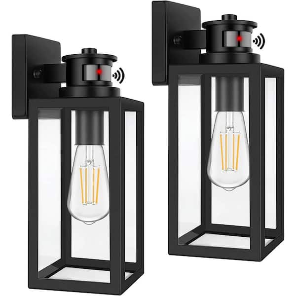 Nordic Hygge 2-Pack Motion Sensor Outdoor Sconce Lantern with Clear Glass in Black