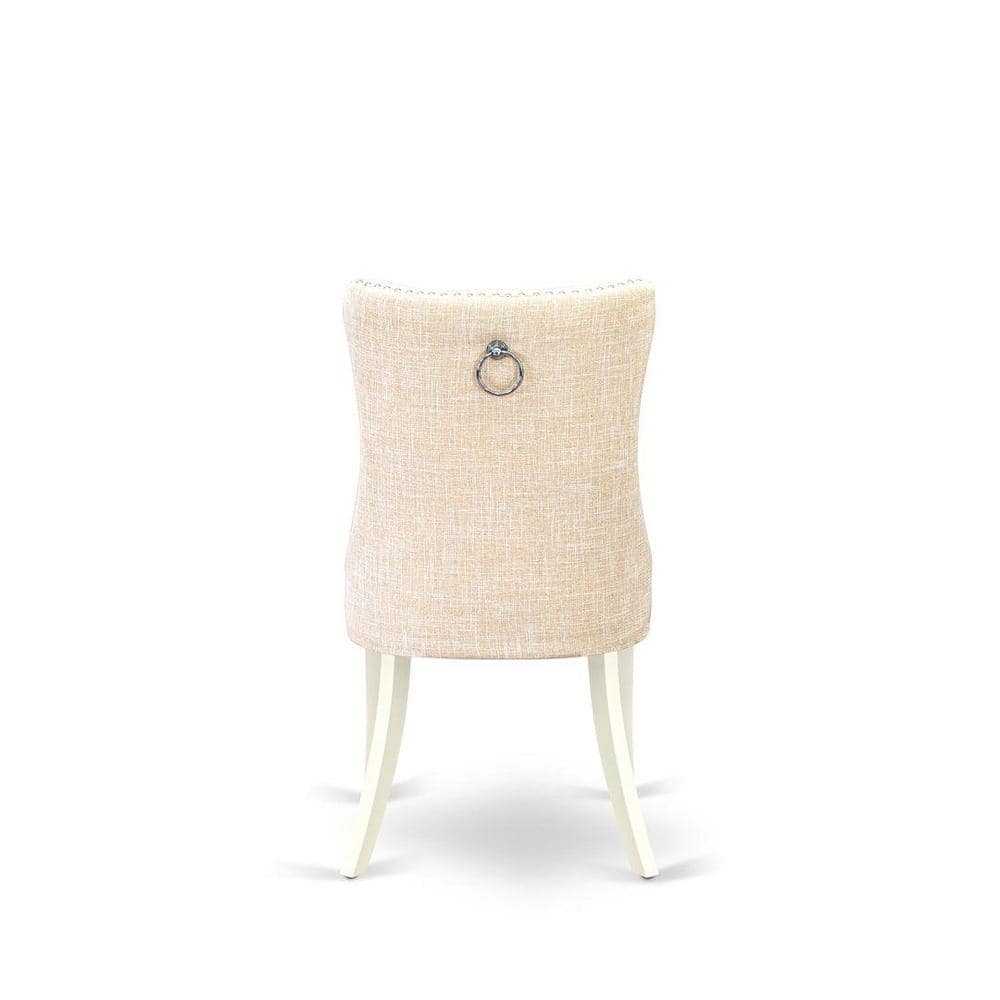 Linen White Round Pedestal Dining Table Set with Beige Upholstered Chairs